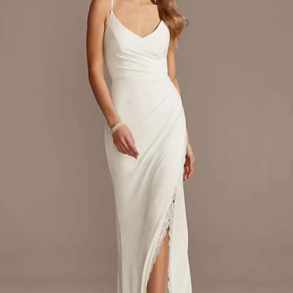 David's Bridal White Ruched Slit Maxi Gown